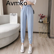 Avmko女夏新款天絲牛仔褲松緊腰哈倫褲薄款高腰寬松九分冰絲束腳蘿卜褲 藍(lán)色 S