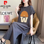 皮爾卡丹（pierre cardin）大碼女裝卡通短袖恤裙女夏季棉寬松顯瘦中長款過膝歐洲站連衣裙 碳灰色 XL