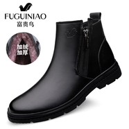富貴鳥(niǎo)高幫商務(wù)正裝皮鞋男真皮皮靴冬季東北加絨保暖棉鞋中幫拉鏈牛皮男 黑色加絨小蔣FG8810 40