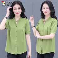 啄木鳥(niǎo)雪紡衫女士夏季襯衫2023年新品薄款短袖時(shí)尚氣質(zhì)顯瘦韓版襯衣上裝 草綠 M 建議80-95斤