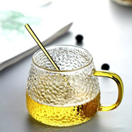 柚蘿高硼硅玻璃杯耐高溫防爆水杯精致早餐杯牛奶杯女花茶杯家用咖啡杯 0.4L黃手柄+金勺 可微波爐使用