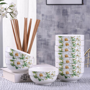 云鴻陶瓷10個(gè)米飯碗家用吃飯學(xué)生碗 中式碗筷套裝陶瓷餐具 小湯碗勺可微波 10碗10筷(百合) 20頭