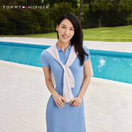 TOMMY HILFIGER【透氣舒適】春夏女裝珠地網(wǎng)眼五?？坌奚盹@瘦POLO裙連衣裙 天藍(lán)色C19 XS 推薦：90/100斤