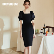 ROEYSHOUSE羅衣復(fù)古氣質(zhì)方領(lǐng)連衣裙女夏裝優(yōu)雅修身短袖仙女裙01882 黑色 S