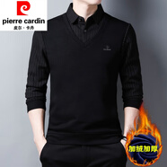 皮爾卡丹（pierre cardin）帶領(lǐng)假兩件套男春秋季長袖t恤加絨毛衣假領(lǐng)針織衫上衣條紋 T9832黑色(加絨款) 180/2XL體重145斤-160斤