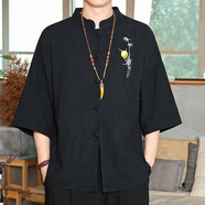 佰序騰中國(guó)風(fēng)男裝復(fù)古風(fēng)7分袖體恤國(guó)潮服刺繡中式七分袖T恤大碼新款上衣 黑色 3XL