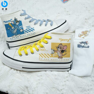 牧獸春夏新款貓和老鼠聯(lián)名手繪韓版女生高幫情侶鞋爆改涂鴉鴛鴦鞋男鞋 白色新貓老鼠  39 男碼