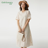 布景連衣裙女2023年夏季新品簡約V領(lǐng)繡花腰帶收腰A擺短袖中長裙子 輕白色 M