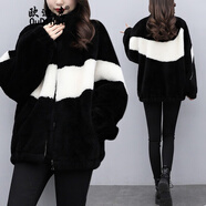 歐迪惠棉服女2026年羊羔毛外套秋冬款女裝羊羔絨棉衣女加厚寬松顯瘦棉襖 黑拼白 M