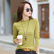 紅粉宣言秋季新款半高領(lǐng)木耳邊打底衫女長(cháng)袖修身顯瘦上衣女 芥末綠 XL