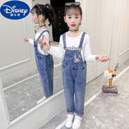 迪士尼（Disney）女童背帶褲春秋季新款兒童牛仔褲長褲女孩秋裝吊帶褲寬松洋氣套裝 褲子+白T 120cm