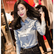 MUSHE輕奢品牌女裝 牛仔襯衣女長袖口袋2022新款襯衫打底衫修身上衣內(nèi)搭春款百搭韓版 白紐扣款-淺藍(lán) M