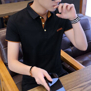 暢印夏天有領(lǐng)短袖T恤男青年爸爸裝翻領(lǐng)半截袖衣服T男士帶領(lǐng)子體恤汗衫 C77黑色橙色領(lǐng) 3XL