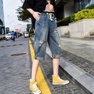 丹貝迪特（DANBEIDITE）薄款六分牛仔褲女寬松直筒毛邊破洞短褲松緊腰過(guò)膝馬褲休閑七分褲 藍色 26碼