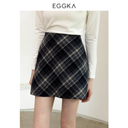 EGGKA 高腰a字半身裙秋冬新款顯瘦格子短裙小個子棕色毛呢裙子 深藍 S