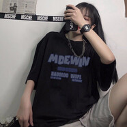 嬌茹妮 美式潮流不一樣班服定做設計感純棉短袖T恤女2022夏季新款撞色字母印花寬松情侶體恤 字母M黑色 M