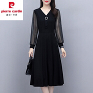 皮爾卡丹雪紡碎花連衣裙子女2025春秋新款大d碼洋氣收腰顯瘦氣質(zhì)長(cháng)袖 黑色V純色 3XL 建議135-145斤