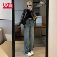 UKMR破洞牛仔褲女夏季辣妹乞丐褲夏季高腰顯瘦寬松美式窄版拖地闊腿褲 A05%23藍色 【甄選面料】 L 建議108-118斤