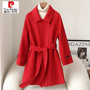 皮爾卡丹（pierre cardin）雙面羊絨大衣女中長款2024秋冬新款修身感小個子羊毛呢外套女時尚 大紅色  S 100-125斤