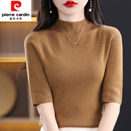 皮爾卡丹（pierre cardin）春秋半高領(lǐng)針織短袖女修身百搭T恤五分袖上衣2025新款打底衫半袖 金砂駝 XL