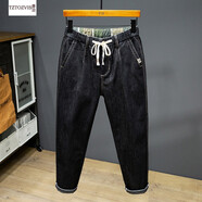 唐治夏季薄款九分牛仔褲男寬松直筒彈力哈倫男士加肥胖子休閑大碼褲子 黑色 3XL