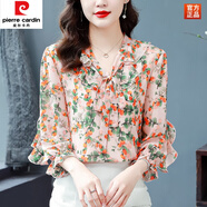 皮爾卡丹（pierre cardin）荷葉邊襯衫桑蠶絲女春裝新款七分袖碎花上衣夏季別致漂亮雪紡小衫 圖片色 L