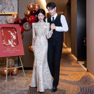 HKPK參加婚禮的衣服女正式場合姐姐旗袍新中式敬酒服新娘2024新款高級 香檳色長款長袖 L 均碼
