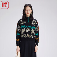 漁漁牌女裝針織衫女2024新款春秋復(fù)古中式鳳凰繡花高領(lǐng)上衣FGGC1016 黑 XL