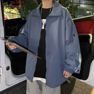 普戈斯（PUGESI）胖子大碼外套男春夏秋季新款上衣潮流休閑戶外寬松褂子翻領(lǐng)夾克 JK3089藍(lán)色 XL 建議130-150斤