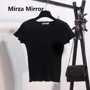 Mirza Mirror冰絲短袖t恤女夏季韓版木耳邊彈力休閑百搭大碼針織打底衫上衣 黑色 均碼