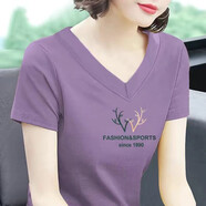 美莎尼純棉短袖T恤女V領(lǐng)上衣2023年新款百搭印花女裝雞心領(lǐng)夏裝體恤 紫色-雞心since1990 3XL 建議135-150斤