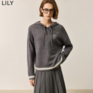LILY冬新款女裝松弛感休閑連帽抽繩蝴蝶結(jié)寬松百搭毛衣針織衫 501灰色 L