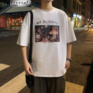 TYHK夏季短袖t恤男潮牌百搭寬松青少年字母印花體恤港風(fēng)個(gè)性港風(fēng)上衣 白色 L（適合130-140斤）