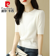 皮爾卡丹 2025新款夏裝冰絲針織衫短袖女T恤修身圓領(lǐng)短款灰色 白色【針織面料】 XL