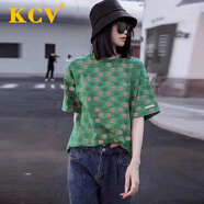 KCV女裝圓領(lǐng)短袖t恤女夏季新款寬松印花上衣半袖百搭體恤 綠色 XL