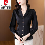 皮爾卡丹（pierre cardin）緞面襯衫女士長(cháng)袖春秋2025新品襯衣氣質(zhì)職業(yè)收腰裙擺小衫真絲上衣 黑色 4XL (建議140-150斤)
