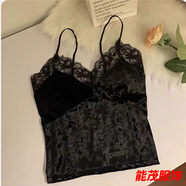 萱眸蕾絲拼接絲絨吊帶小背心女秋冬性感帶胸墊內搭修身短款打底衫上衣 黑色-背心女可外穿 均碼 建議80-135斤-背心女可外穿