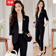 簡(jiǎn)蜓小西裝外套女春夏新款氣質(zhì)修身高級感職業(yè)西服連衣裙套裝氣質(zhì)正裝 黑西裝+褲子（配胸針） 3XL