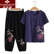 俞兆林（YUZHAOLIN）妈妈夏装中老年大码女装民族风刺绣短袖T恤衫女奶奶套装短袖上衣 1881-藏青色套装 XL(建议80-100斤)