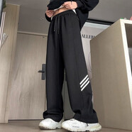 杉努（SHANNU）褲子男士春夏季薄款寬松休閑直筒條紋抽繩美式高街運(yùn)動(dòng)衛(wèi)長(zhǎng)褲 904黑色【常規(guī)】 XL