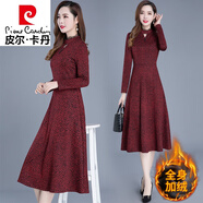 皮爾卡丹（pierre cardin）氣質(zhì)配大I衣秋冬長(zhǎng)袖連衣裙女2023新款冬季加絨加厚打底長(zhǎng)裙 紅底花 2XL 120斤-130斤左右