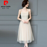 皮爾卡丹（pierre cardin）背心網(wǎng)紗連衣裙2024新款收腰顯瘦仙女紗裙中長(zhǎng)款吊帶打底裙 杏色8190吊帶款/節(jié) L:115-125斤