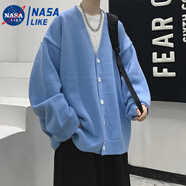 淘茲朗 高檔純色簡(jiǎn)約V領(lǐng)針織開(kāi)衫毛衣男士潮牌ins秋冬季寬松慵懶風(fēng)外套 淺藍色 XL