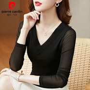 皮爾卡丹2025網(wǎng)紗打底衫內搭春秋洋氣修身上衣女新款時(shí)尚長(cháng)袖t恤大i碼女裝 黑色V領(lǐng) XL 建議115-125斤