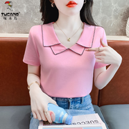 啄木鳥(niǎo)短袖t恤女夏舒適娃娃領(lǐng)簡(jiǎn)約洋氣體恤衫2025夏季新款百搭減齡上衣 粉色 S 建議80-95斤