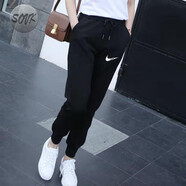 LNAN純棉運動(dòng)褲女2025春秋新款韓版百搭寬松顯瘦高腰束腳休閑褲女 黑色春秋款NO勾 XL 建議120-135斤