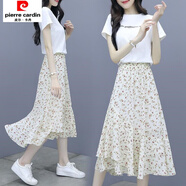 皮爾卡丹字母T恤+雪紡連衣裙套裝女夏季新款顯瘦碎花裙子兩件套 T恤+連衣裙 L 100-115