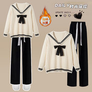 XIPR初中女生秋季套裝學(xué)院風(fēng)娃娃領(lǐng)毛衣兩件套中學(xué)生日系少女秋裝新款 白色毛衣+黑色加絨褲(套裝) S (建議70-90斤)