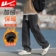 回力牛仔褲男冬季加絨直筒褲子男寬松闊腿休閑褲男保暖長(cháng)褲男 黑灰4XL