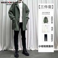 威登羊港風(fēng)三件套秋冬季中長(zhǎng)款?yuàn)A克外套加絨休閑套裝男潮流衣服褲子男裝 綠外套+白毛衣+黑絨西褲【三件套 L